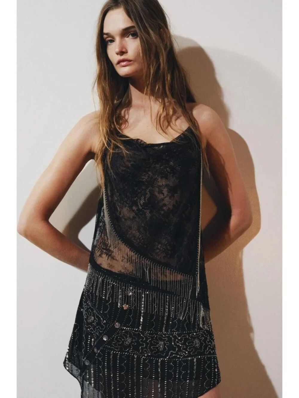 Zara Womens Halterneck Top w Beads Small Black Lace Asymmetric Hem 5063/833 NWT